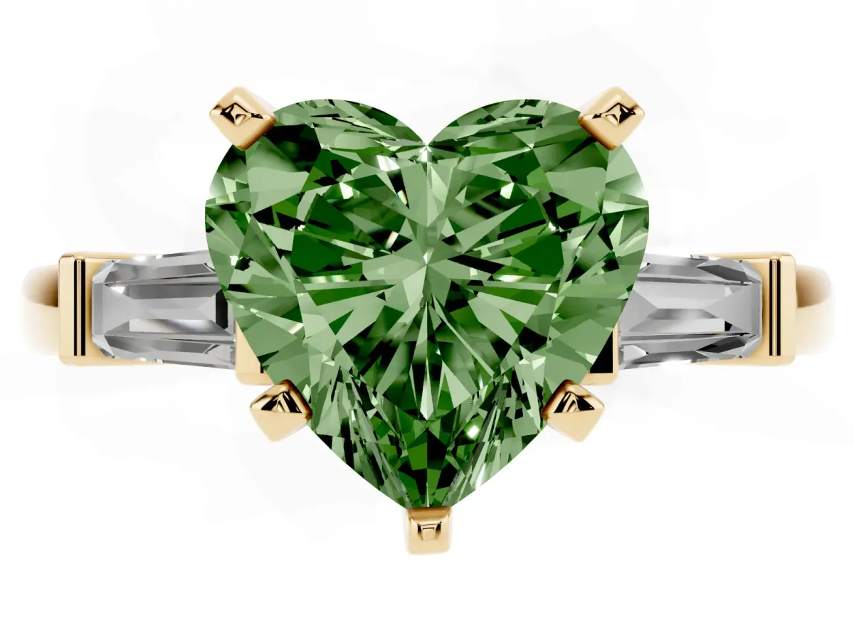 Fancy Green Heart Cut Cut Diamond Solitaire Ring with Tapered Baguette Accents and Four-Prong Setting Yellow gold