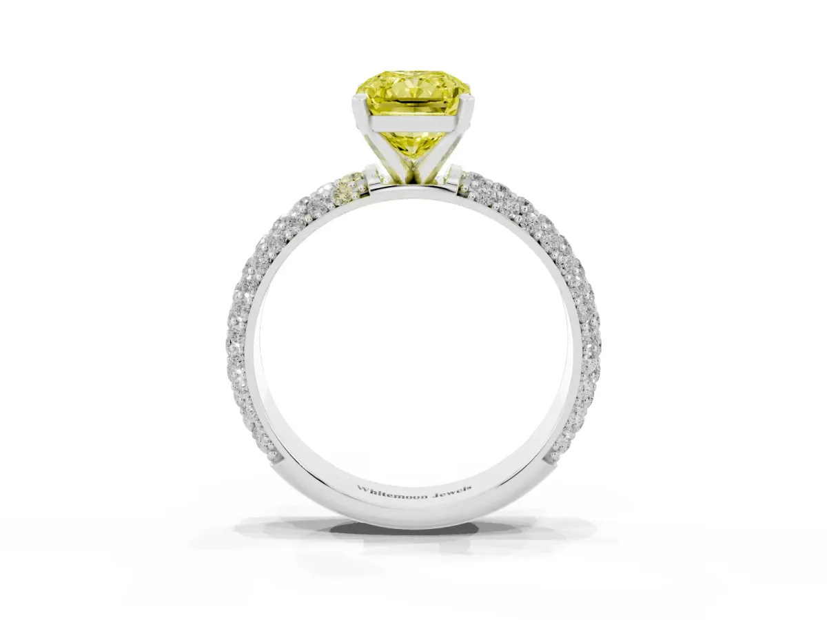 Fancy Yellow Radiant Cut Diamond Solitaire Ring with Prong Setting and Pavé Band Silver