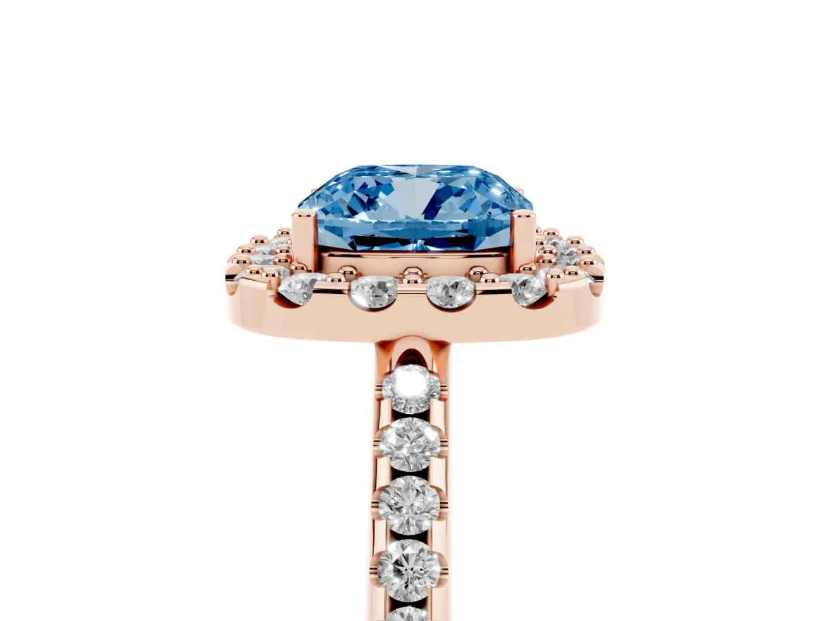 Fancy Blue Cushion Cut Diamond Pavé Halo Ring with Four-Prong Setting Rose gold