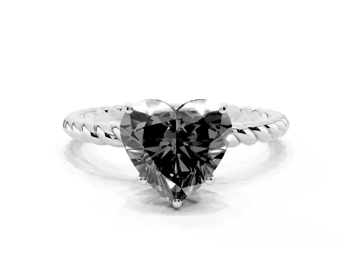 Fancy Black Heart Cut Solitaire Twisted Band 4-Prong Ring Silver