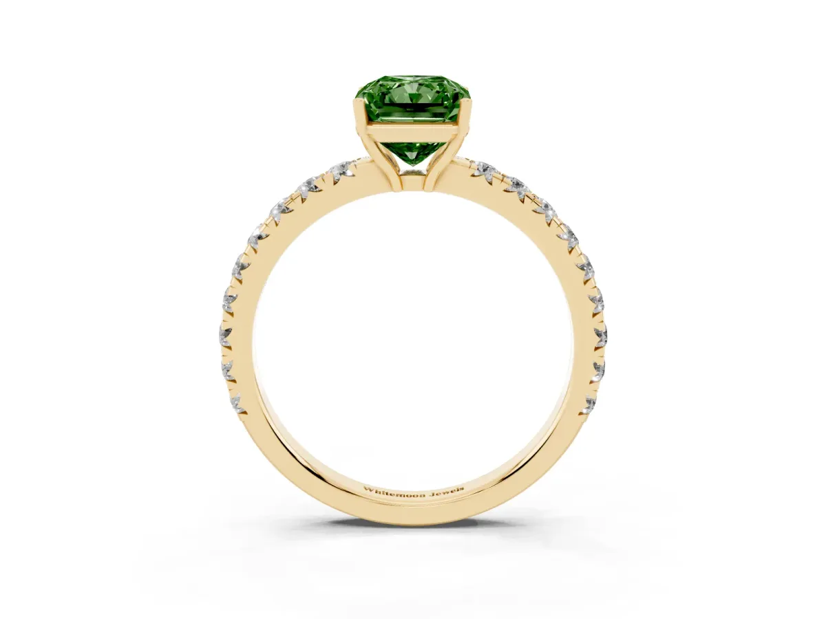 Fancy Green Radiant Cut Diamond Pavé Solitaire Engagement Ring with Four-Prong Setting Yellow gold