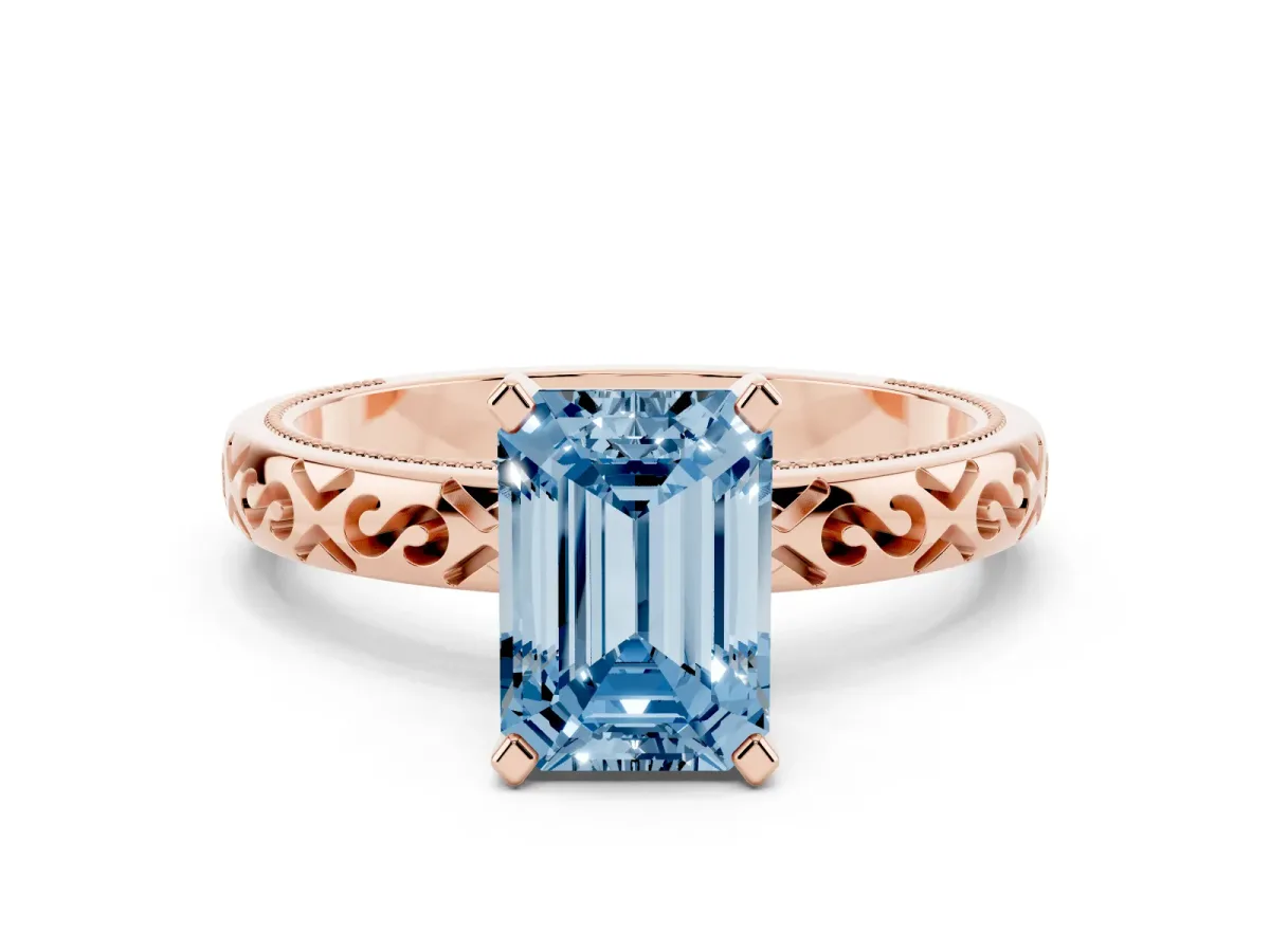 Fancy Blue Emerald Cut Solitaire Engagement Ring with Scrollwork Band and Four-Prong Setting Rose gold