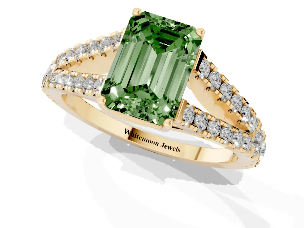 Fancy Green Emerald Cut Diamond Split Shank Pavé Engagement Ring with Four-Prong Setting Yellow gold
