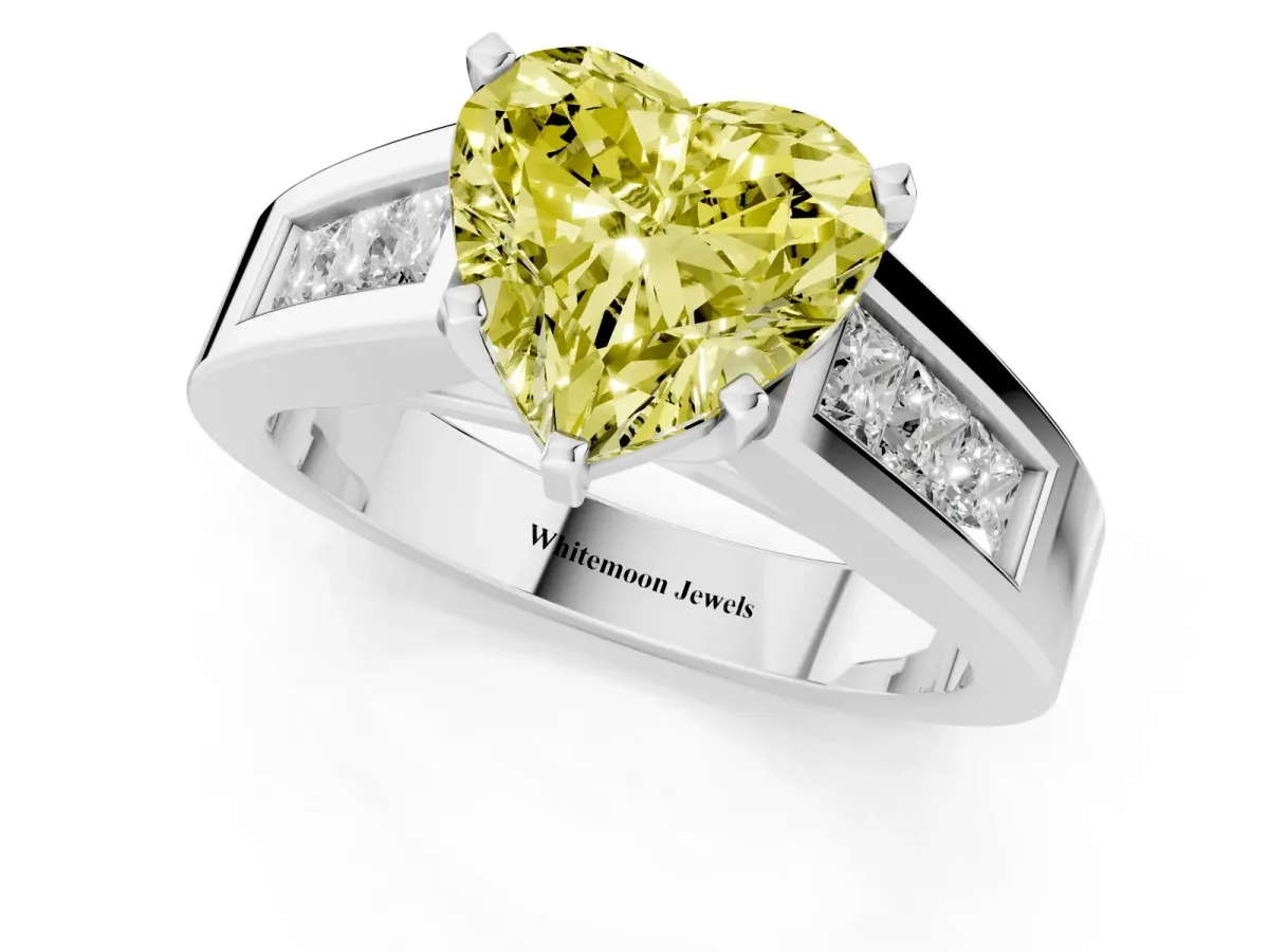 Fancy Yellow Heart Cut Cut Channel Set Solitaire Ring with Four-Prong Setting Platinum