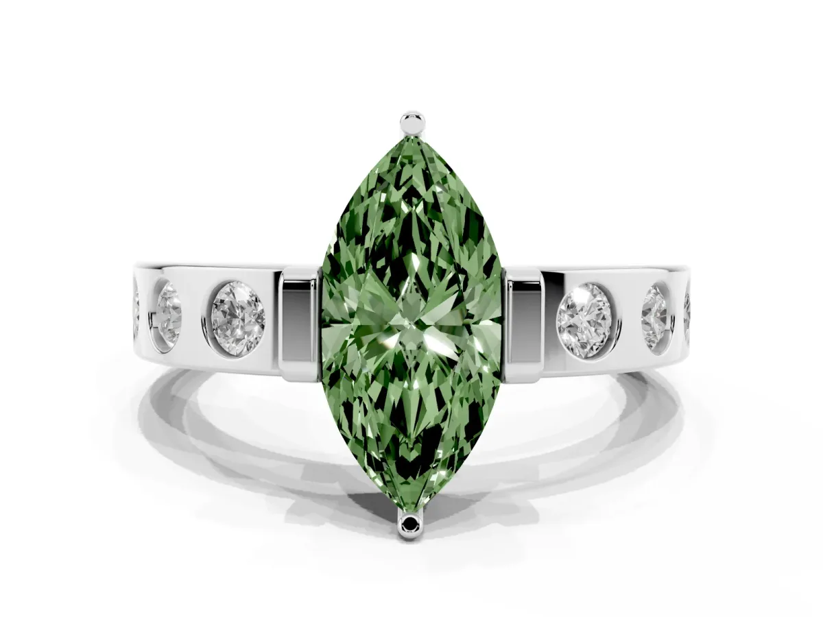 Fancy Green Marquise Cut Brilliant Channel-Set Diamond Ring with Bezel Prong Setting Silver