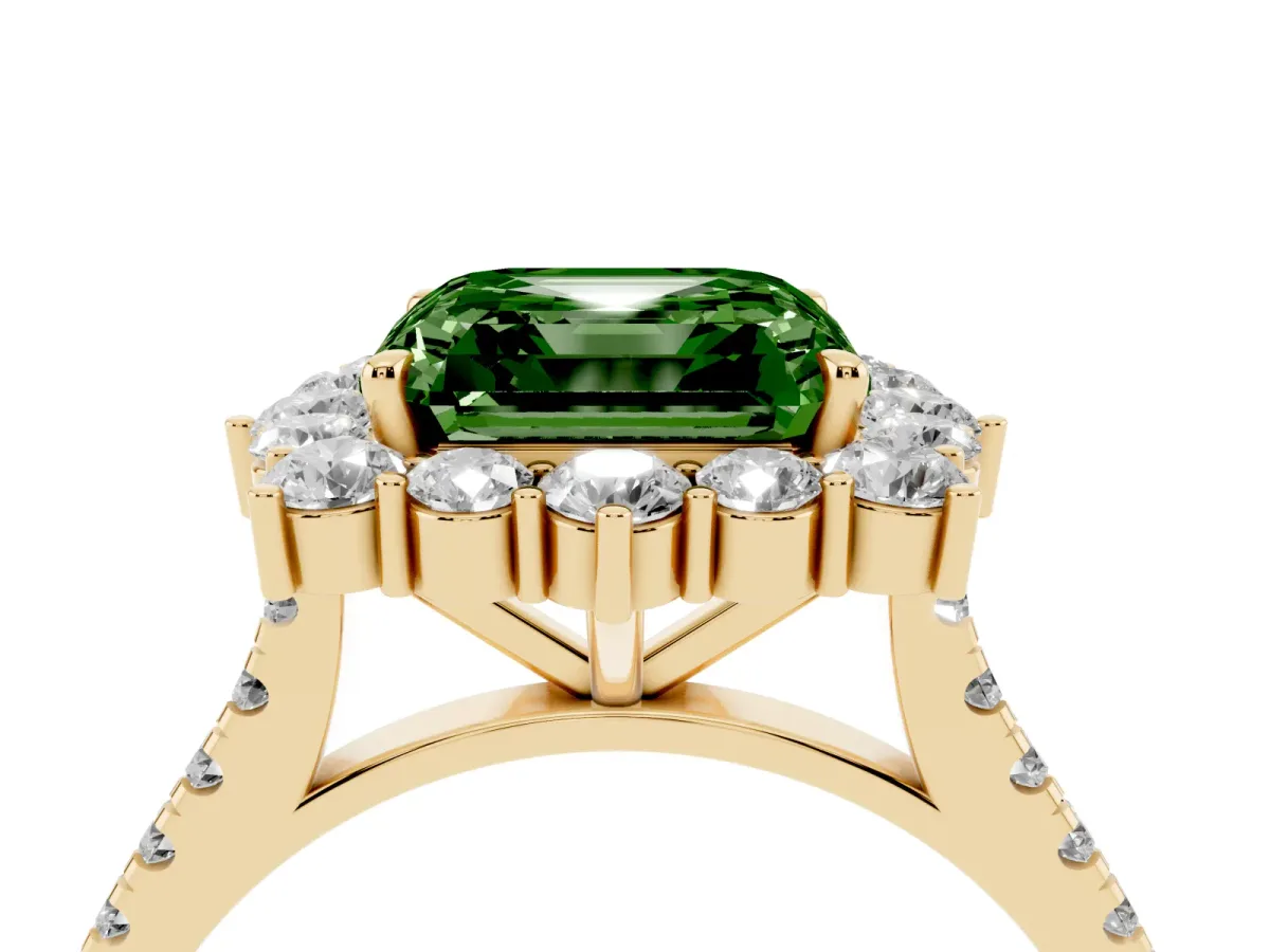 Fancy Green Asscher Cut Halo Diamond Ring with Pavé Band and Prong Setting Yellow gold