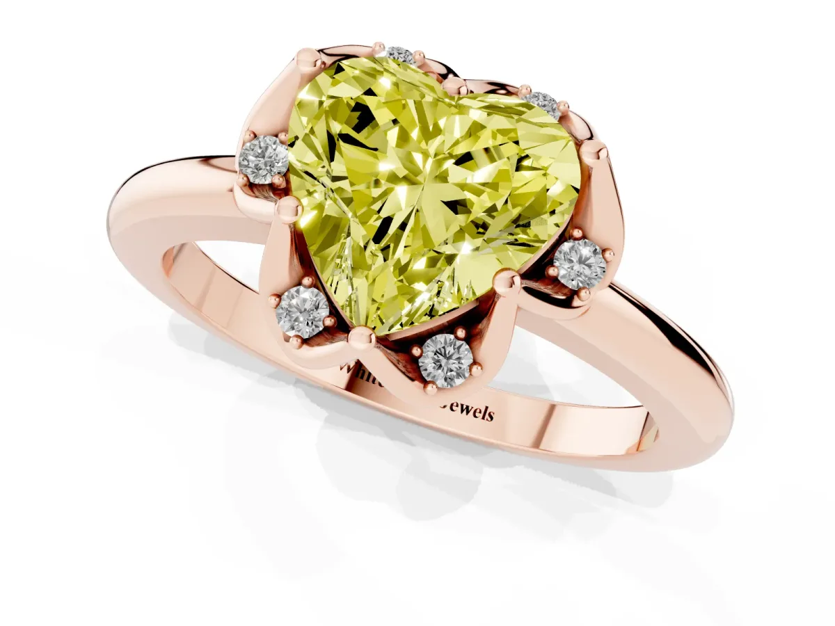 Fancy Yellow Heart Cut Halo Diamond Ring with Round Cluster Setting, Solitaire Band, and Four-Prong Setting Rose gold