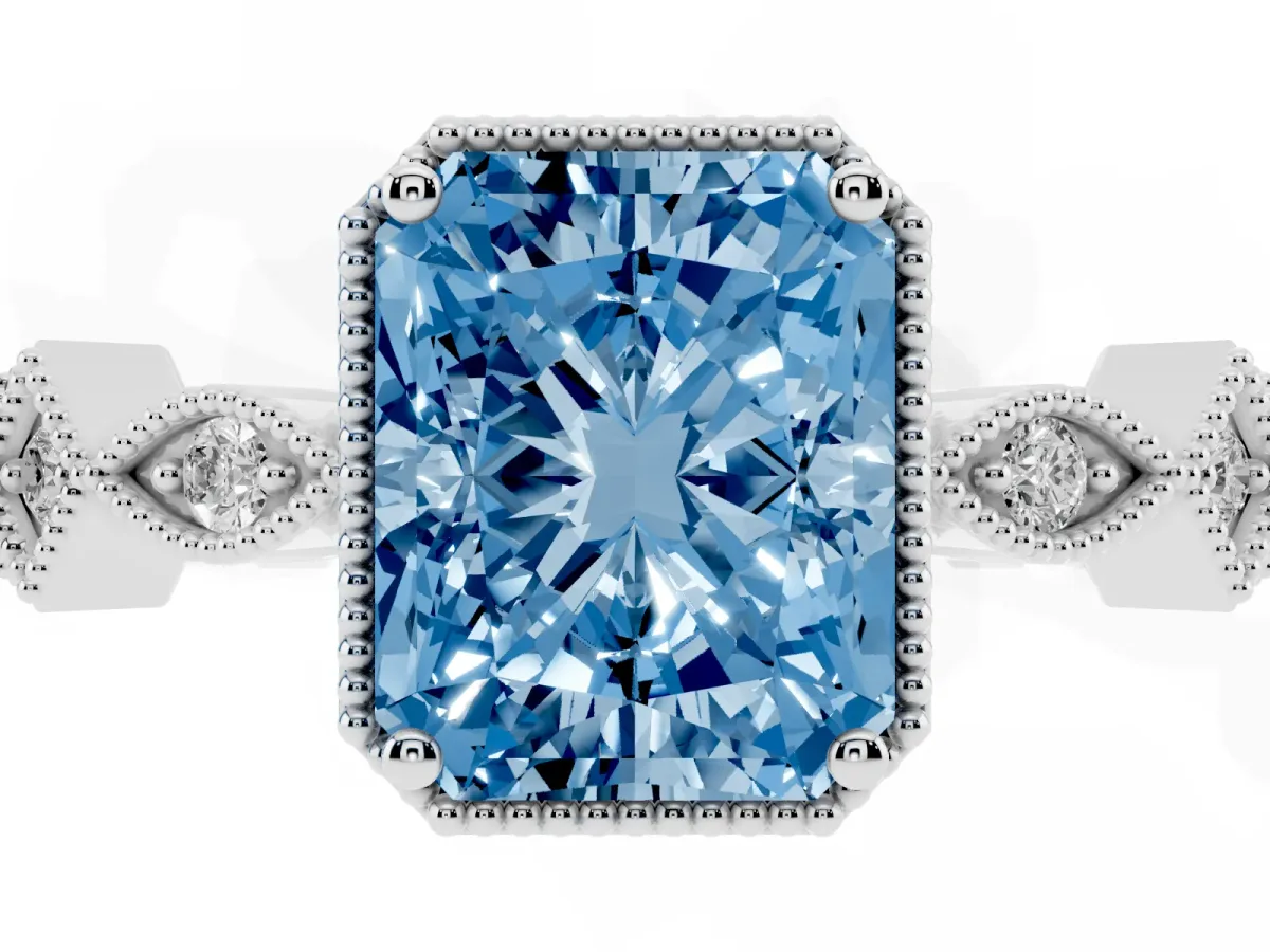 Fancy Blue Radiant Cut Milgrain Marquise Diamond Twist Band Ring Silver