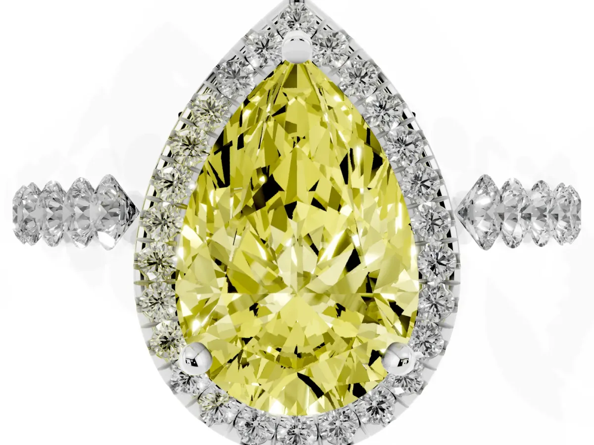Fancy Yellow Pear Cut Halo Pavé Diamond Engagement Ring with Four-Prong Setting Silver