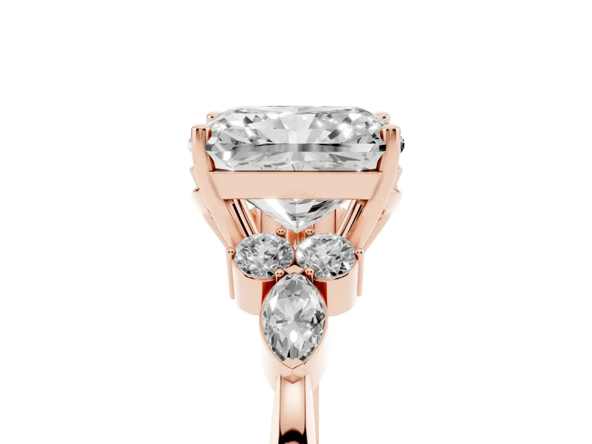 Radiant Cut Brilliant Diamond Solitaire Ring with Pear Side Stones and Four-Prong Setting Rose gold