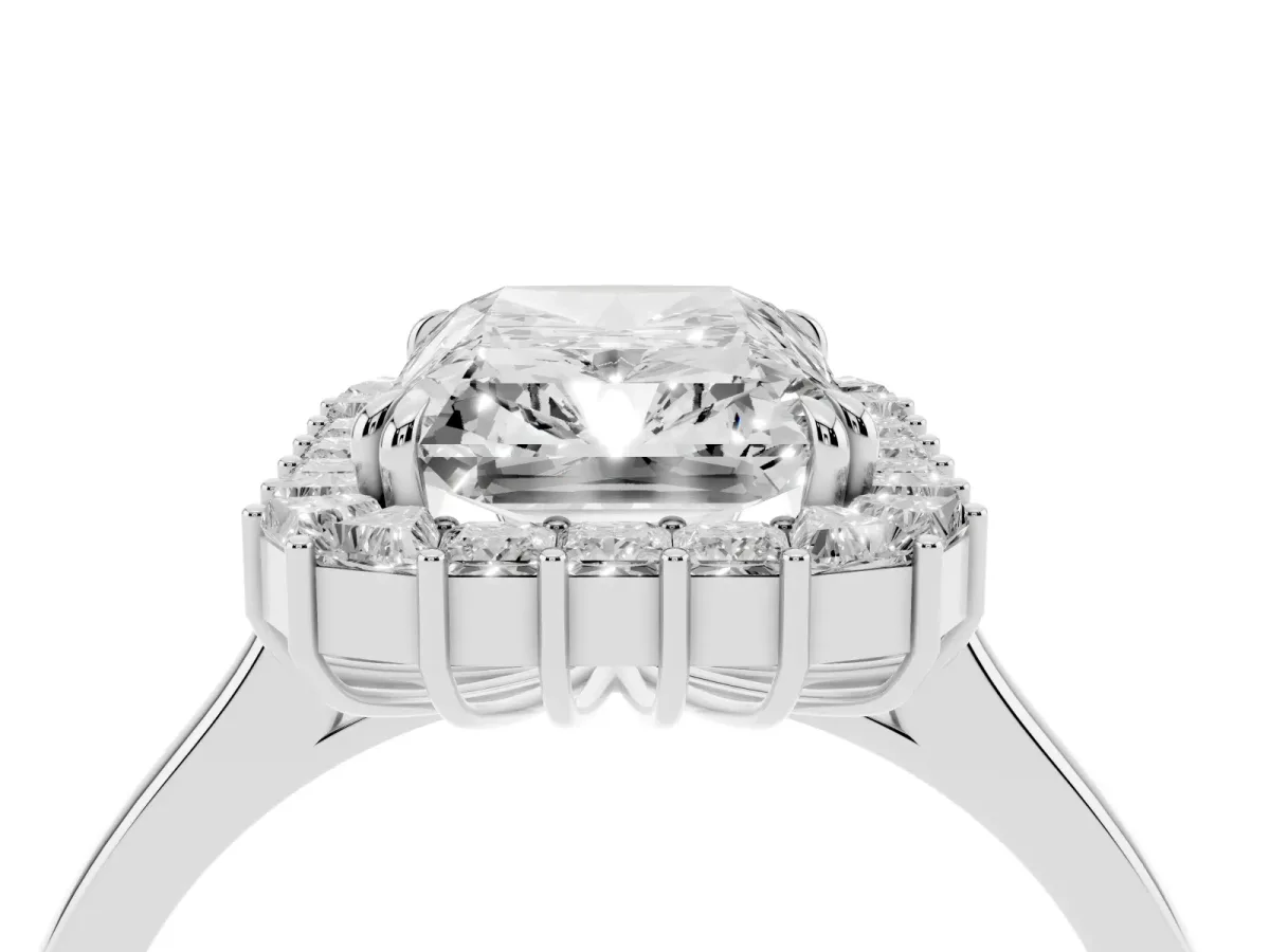 Radiant Diamond Baguette Halo Engagement Ring Silver