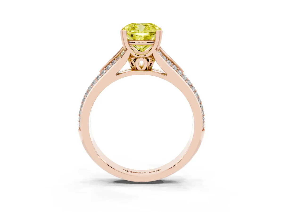 Fancy Yellow Cushion Cut Diamond Split Shank Engagement Ring with Pavé Band Rose gold
