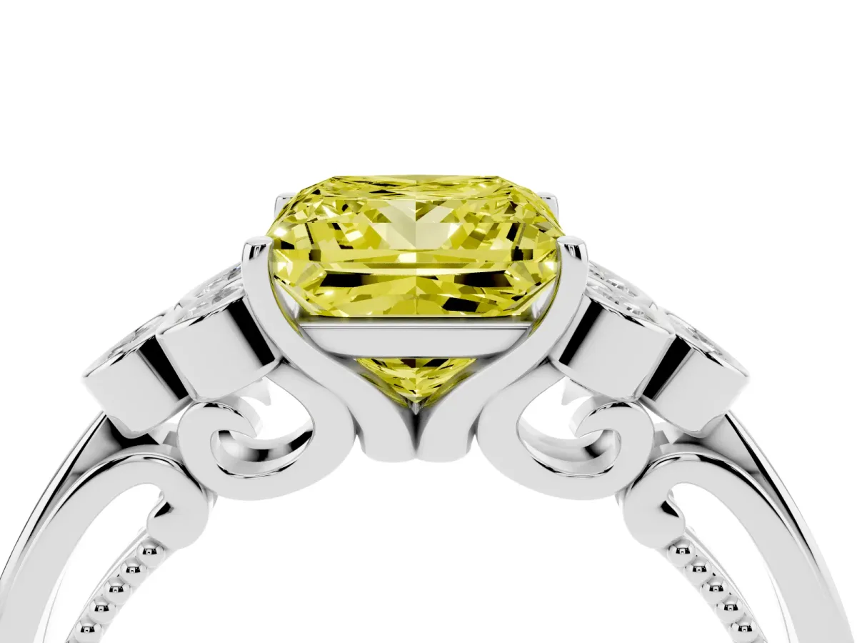 Fancy Yellow Princess Cut Cut Diamond Engagement Ring with Bezel Set Round Side Stones and Prong Setting Silver