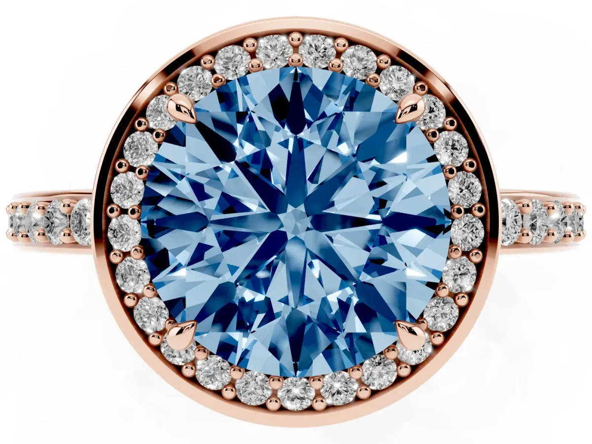 Fancy Blue Round Cut Halo Pave Band Solitaire Ring with Prong Setting Rose gold