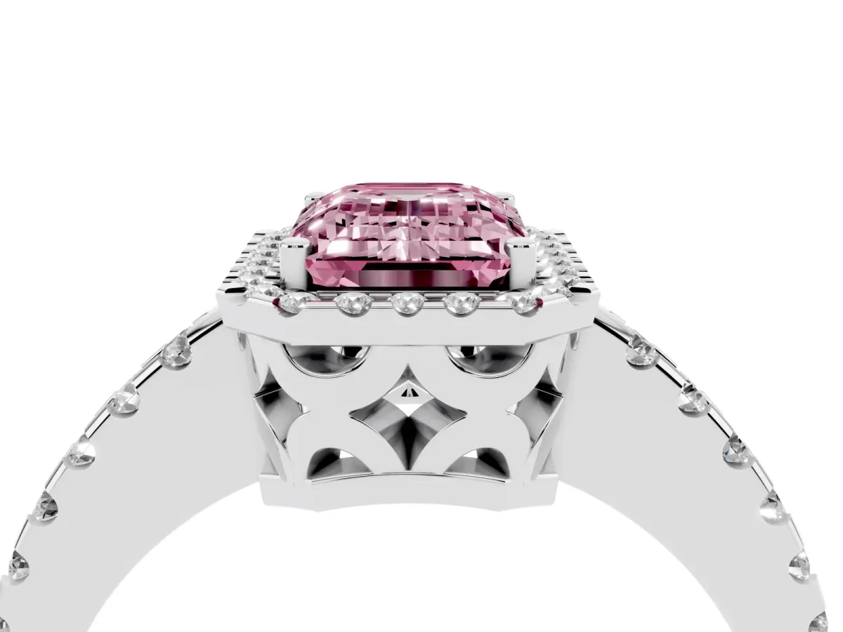 Fancy Pink Emerald Cut Diamond Halo Engagement Ring with Pavé Band and Prong Setting Platinum