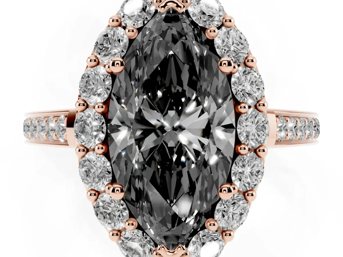 Fancy Black Marquise Cut Diamond Floral Halo Ring with Pavé Band and Prong Setting Rose gold