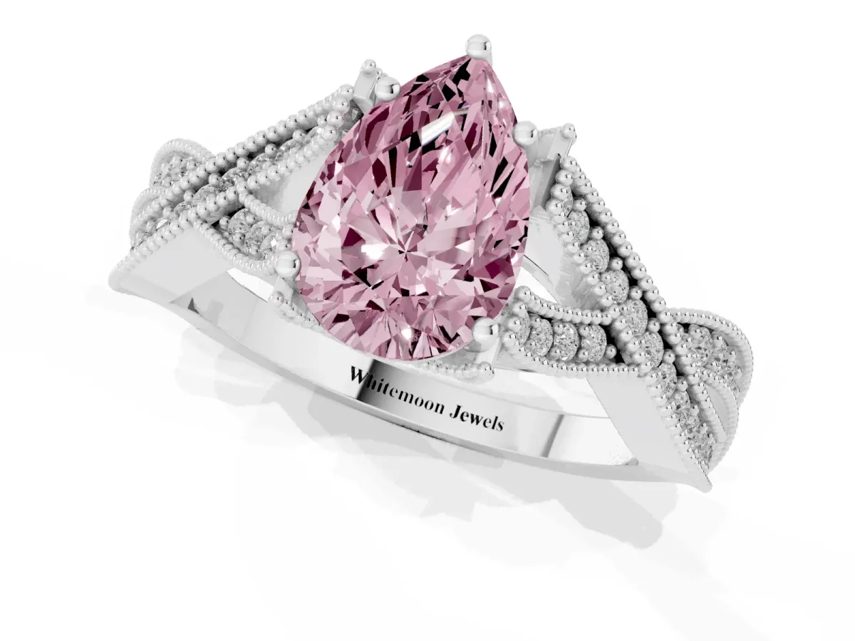 Fancy Pink Pear Cut Cut Diamond Twisted Band with Milgrain Pave Setting and Four-Prong Setting Silver