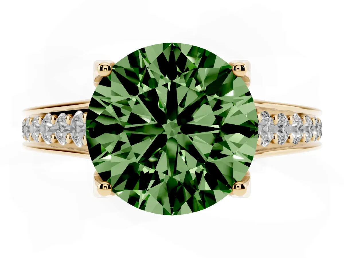 Fancy Green Round Cut Brilliant Cut Diamond Engagement Ring with Pavé Band and Four-Prong Setting Yellow gold
