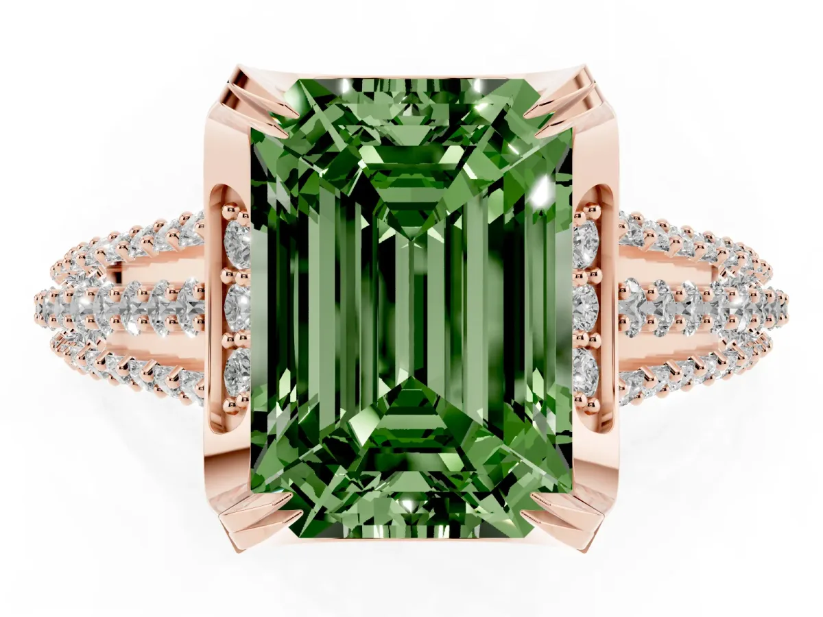 Fancy Green Emerald Cut Solitaire Pave Split Shank Ring with Four-Prong Setting Rose gold