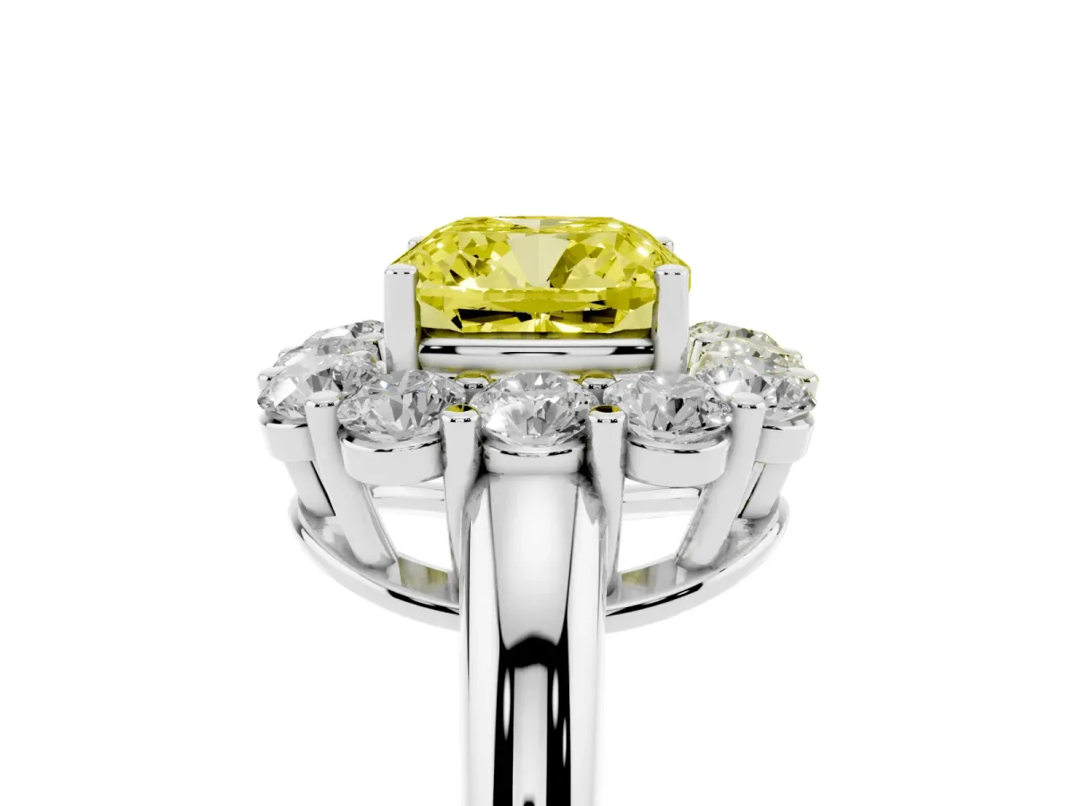 Fancy Yellow Cushion Cut Halo Cluster Diamond Engagement Ring with Prong Setting and Polished Band Silver
