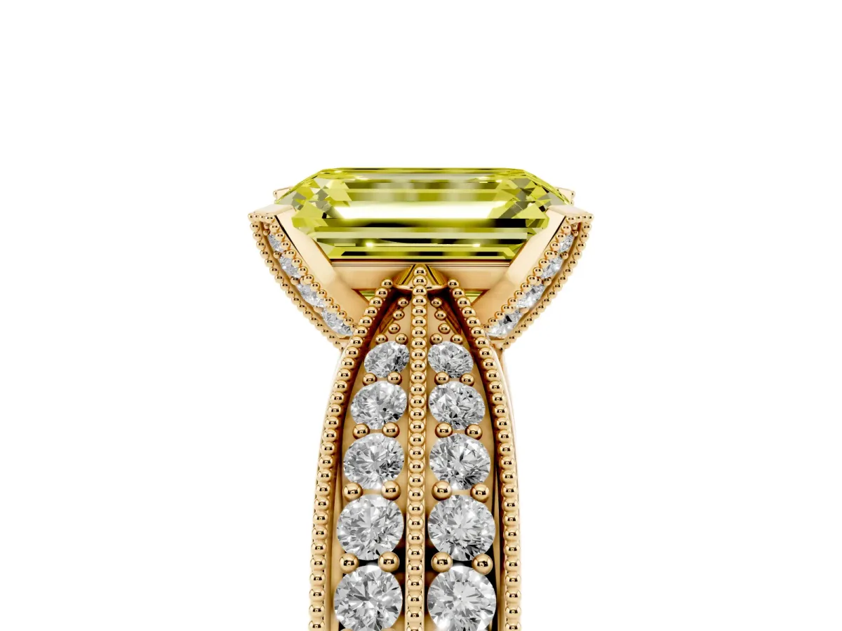 Fancy Yellow Emerald Cut Diamond Solitaire Ring with Milgrain Round Pavé Band and Prong Setting Yellow gold