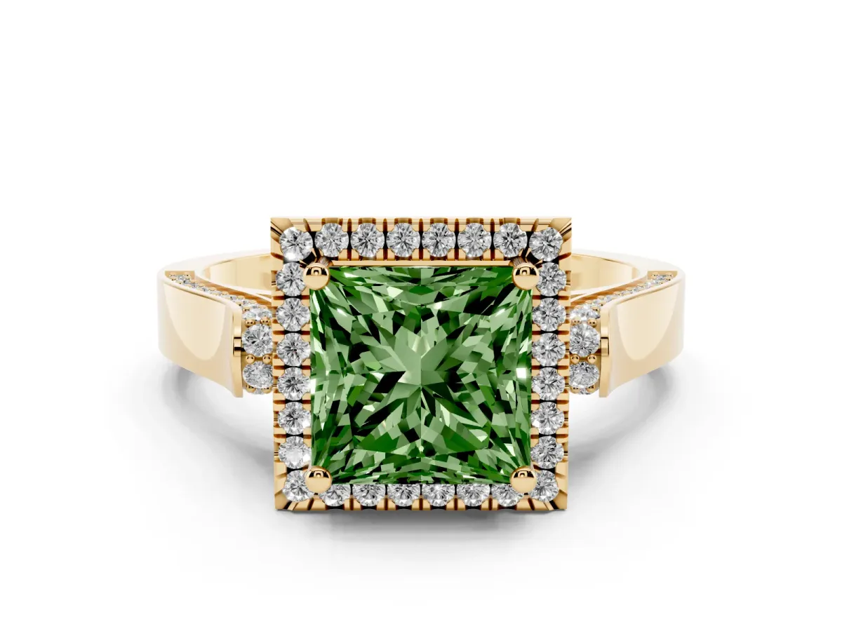 Fancy Green Princess Cut Halo Round Diamond Twist Band with Four-Prong Setting Yellow gold