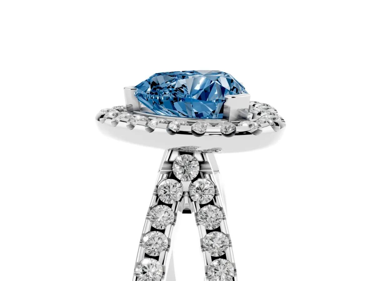 Fancy Blue Heart Cut Diamond Halo Ring with Split Shank Pavé Band and Prong Setting Silver