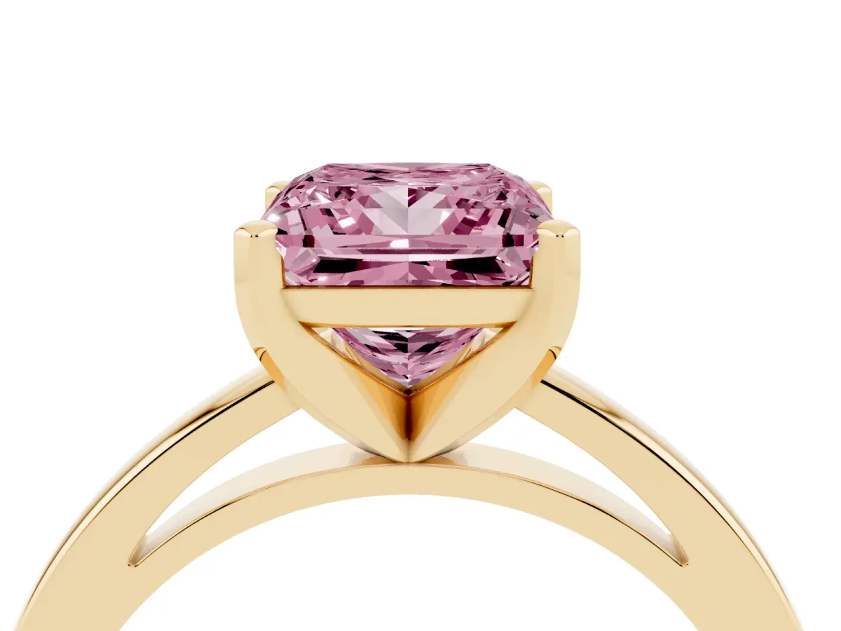 Fancy Pink Princess Cut Solitaire Diamond Engagement Ring with Four-Prong Setting on a Classic Band Yellow gold
