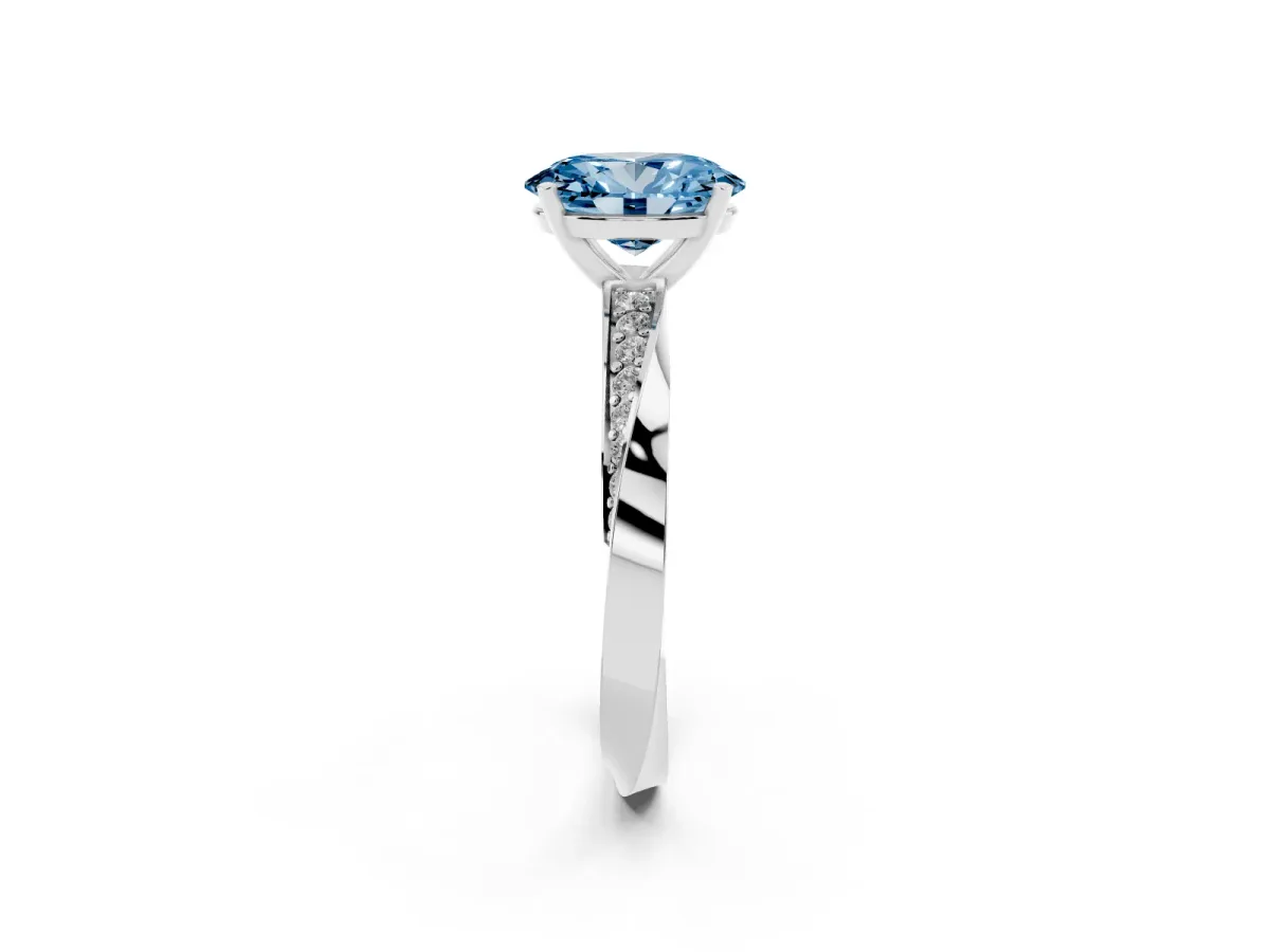 Fancy Blue Oval Cut Diamond Engagement Ring with Side Stone Accents and Four-Prong Setting Silver