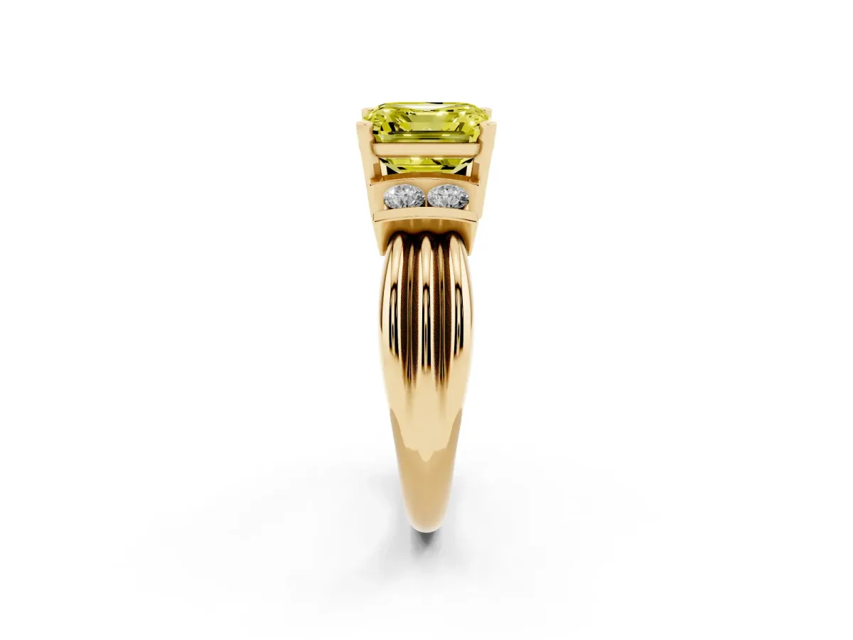 Fancy Yellow Asscher Cut Cut Three-Stone Channel Set Ring with Bar Prongs Yellow gold