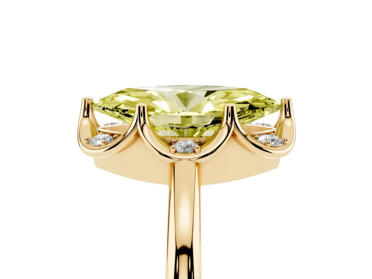 Fancy Yellow Marquise Cut Halo Diamond Ring with Round Cluster Setting, Solitaire Band, and Four-Prong Setting Yellow gold