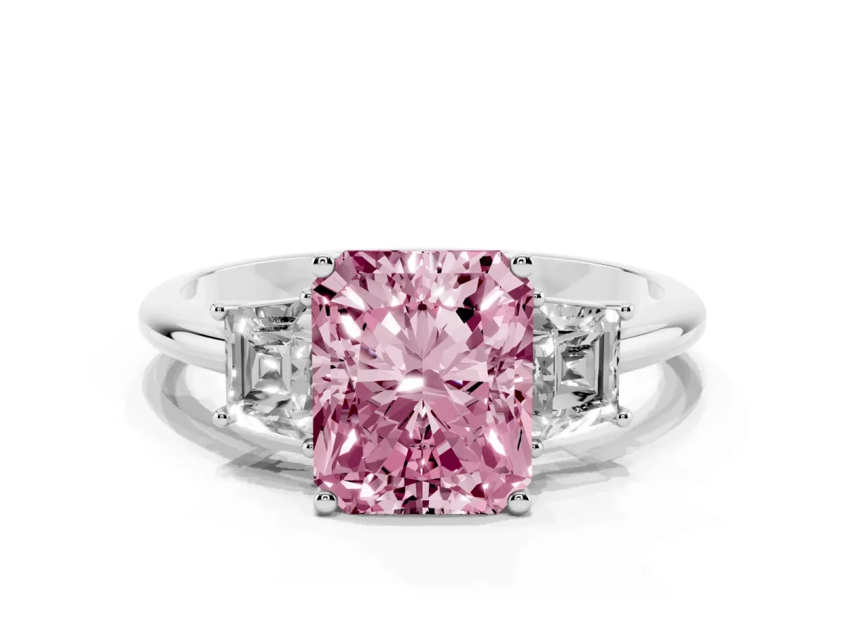 Fancy Pink Radiant Cut Diamond Three-Stone Ring with Trapezoid Side Stones and Prong Setting Silver
