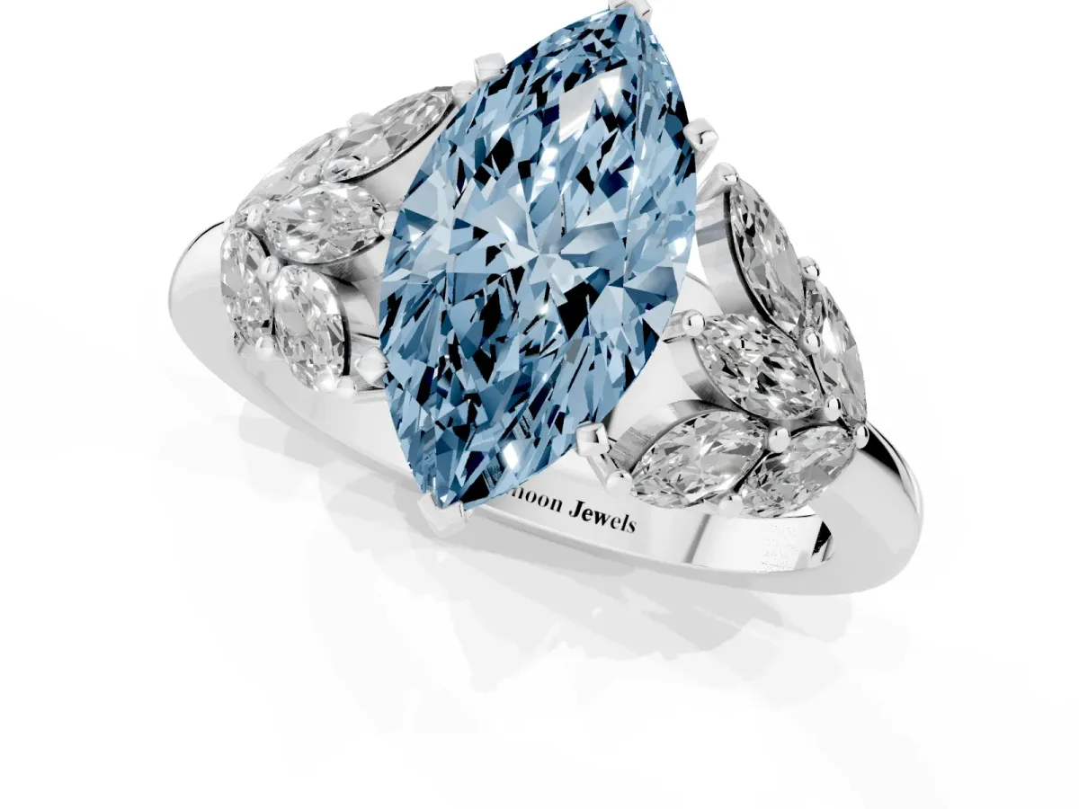 Fancy Blue Marquise Cut Diamond Cluster Leaf Design Ring with Prong Setting Silver