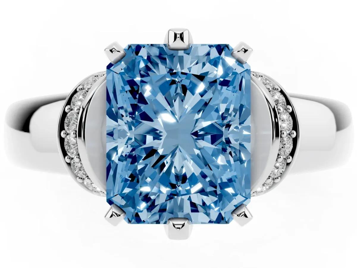 Fancy Blue Radiant Cut Solitaire Diamond Ring with Pave Band and Six-Prong Setting Silver