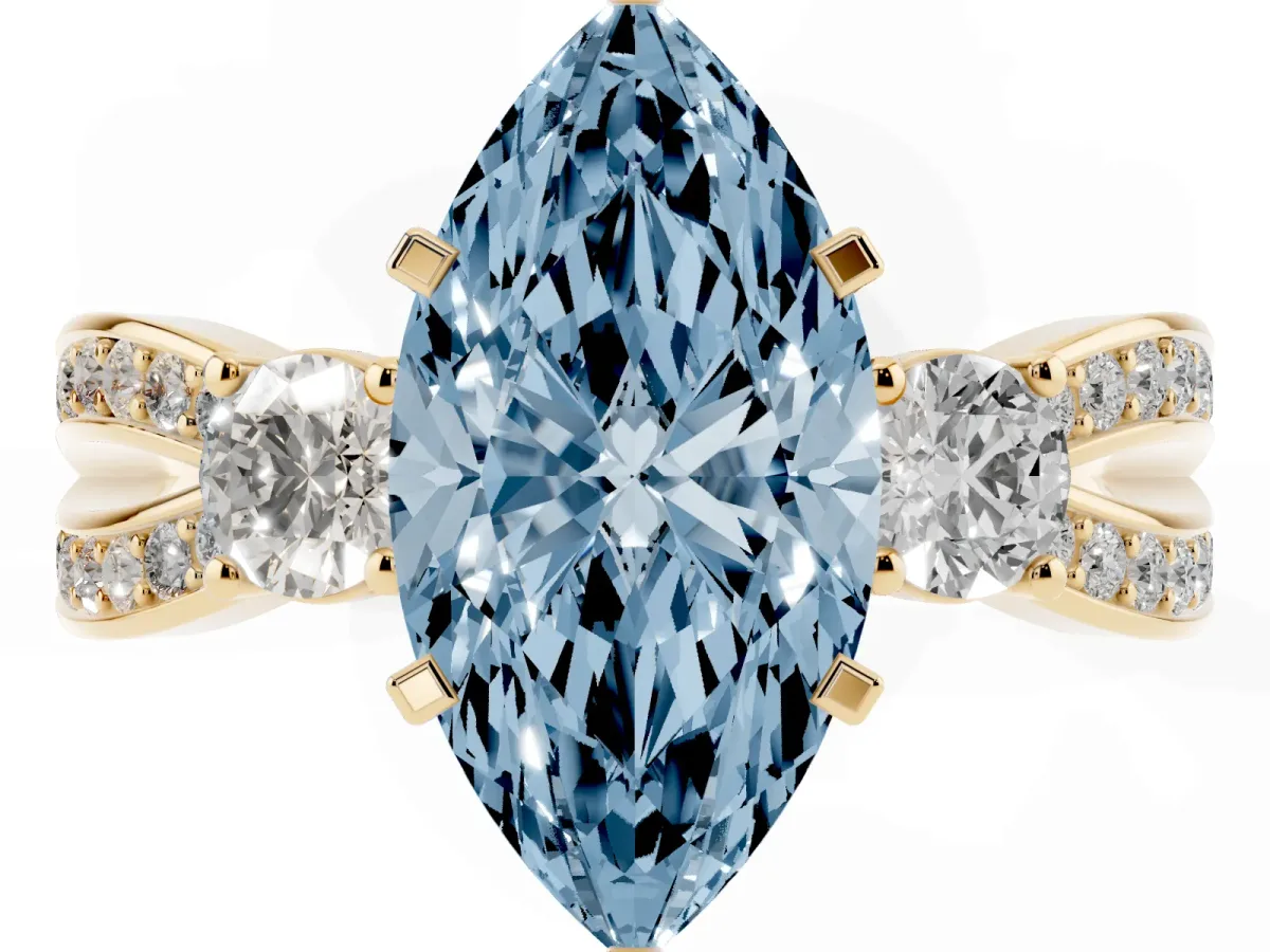 Fancy Blue Three-Stone Marquise Cut Cut Diamond Twist Band with Prong Setting Yellow gold