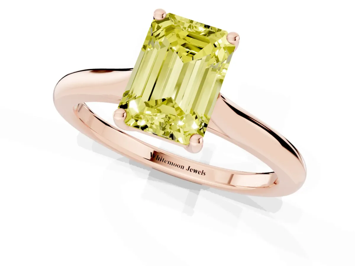 Fancy Yellow Emerald Cut Cut Solitaire Ring with Cathedral Band and Four-Prong Setting Rose gold