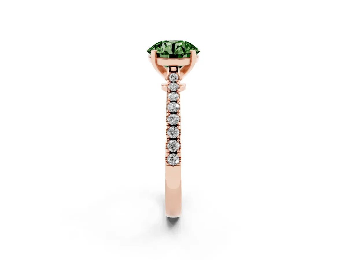 Fancy Green Round Cut Cut Solitaire Diamond Engagement Ring with Pave Band and Four-Prong Setting Rose gold