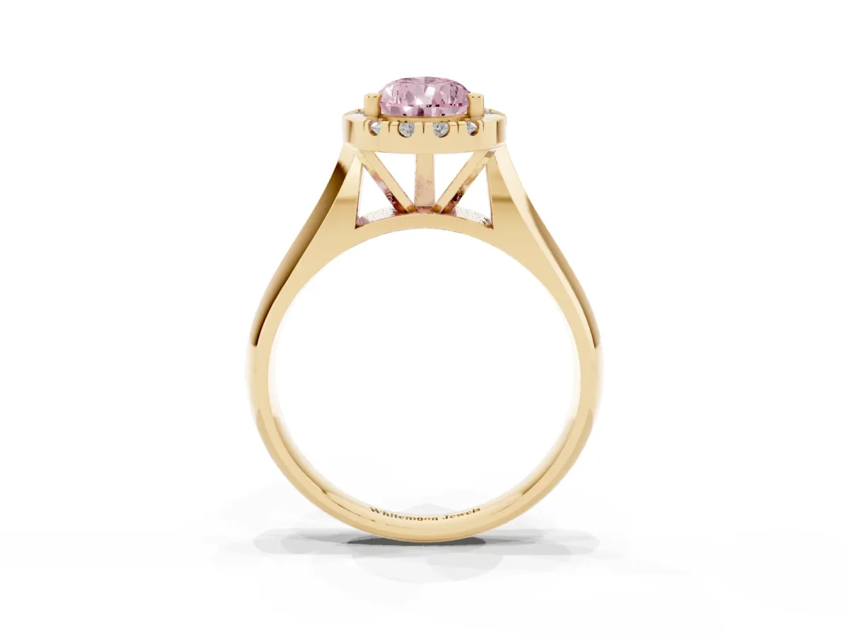 Fancy Pink Pear Cut Cut Halo Solitaire Engagement Ring with Square Band and Four-Prong Setting Yellow gold