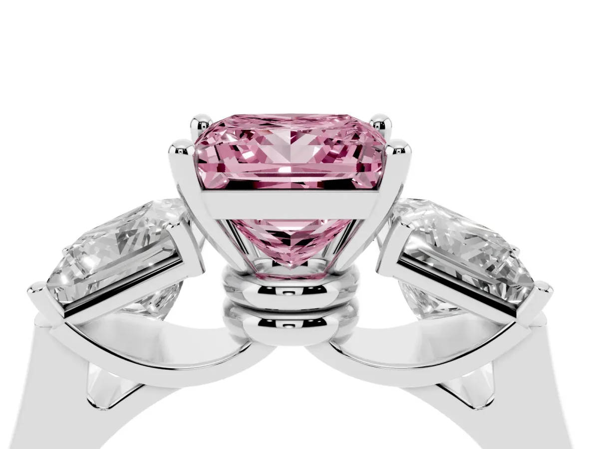 Fancy Pink Three-Stone Princess Cut Brilliant Diamond Trellis Ring with Comfort Fit Band White gold