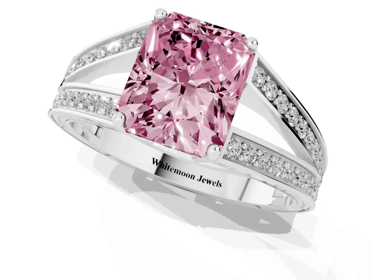 Fancy Pink Radiant Cut Diamond Split Shank Ring with Pavé Band and Four-Prong Setting White gold