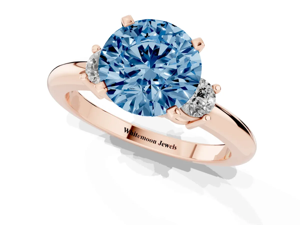Fancy Blue Three-Stone Round Cut Cut Diamond Solitaire with Prong Setting and Classic Band Rose gold