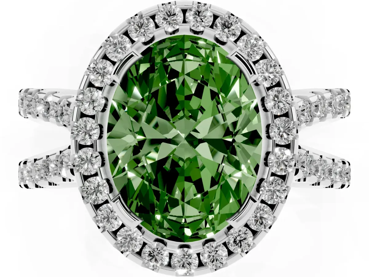 Fancy Green Oval Cut Diamond Halo Ring with Split Shank Pavé Band and Prong Setting Silver