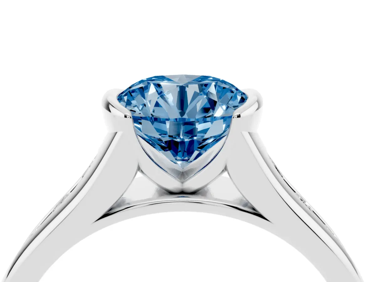Fancy Blue Round Cut Solitaire Bezel-Set Diamond Ring with Channel-Set Band Platinum