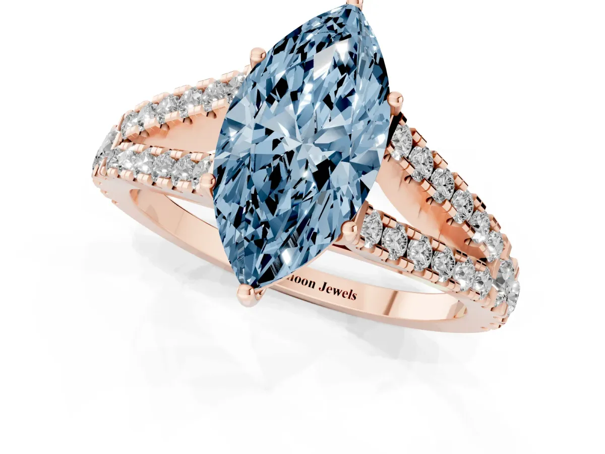 Fancy Blue Marquise Cut Diamond Split Shank Pavé Engagement Ring with Four-Prong Setting Rose gold