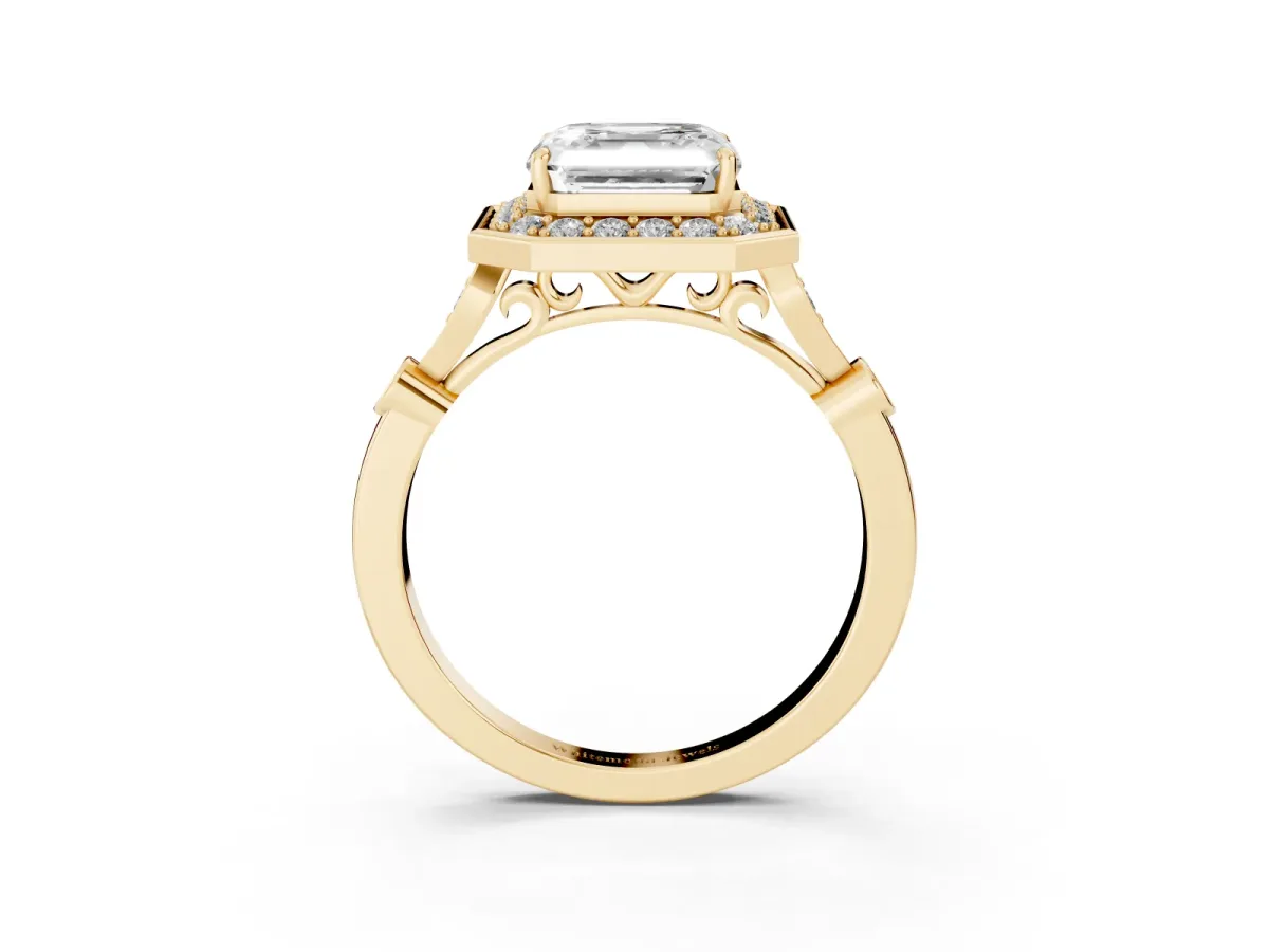 Asscher Cut Halo Diamond Engagement Ring with Twisted Band and Four-Prong Setting Yellow gold