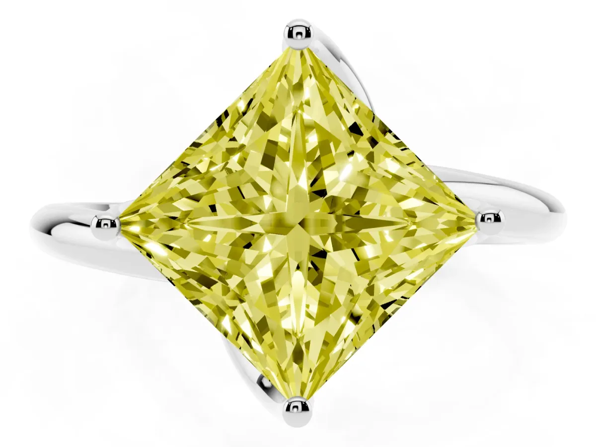 Fancy Yellow Princess Cut Diamond Solitaire Engagement Ring with Four-Prong Setting and Classic Band Platinum