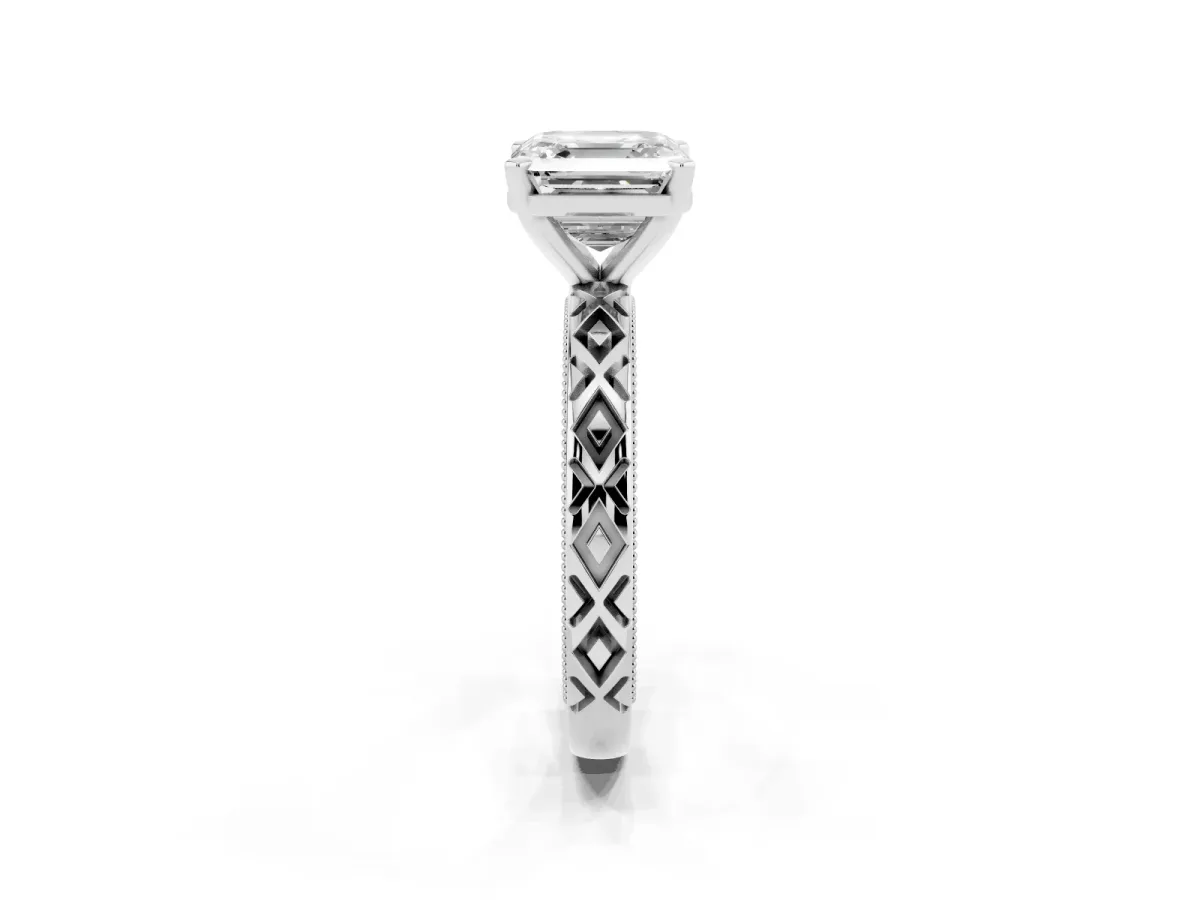 Asscher Cut Solitaire Diamond Ring with Milgrain and Black Enamel X Pattern Band Silver