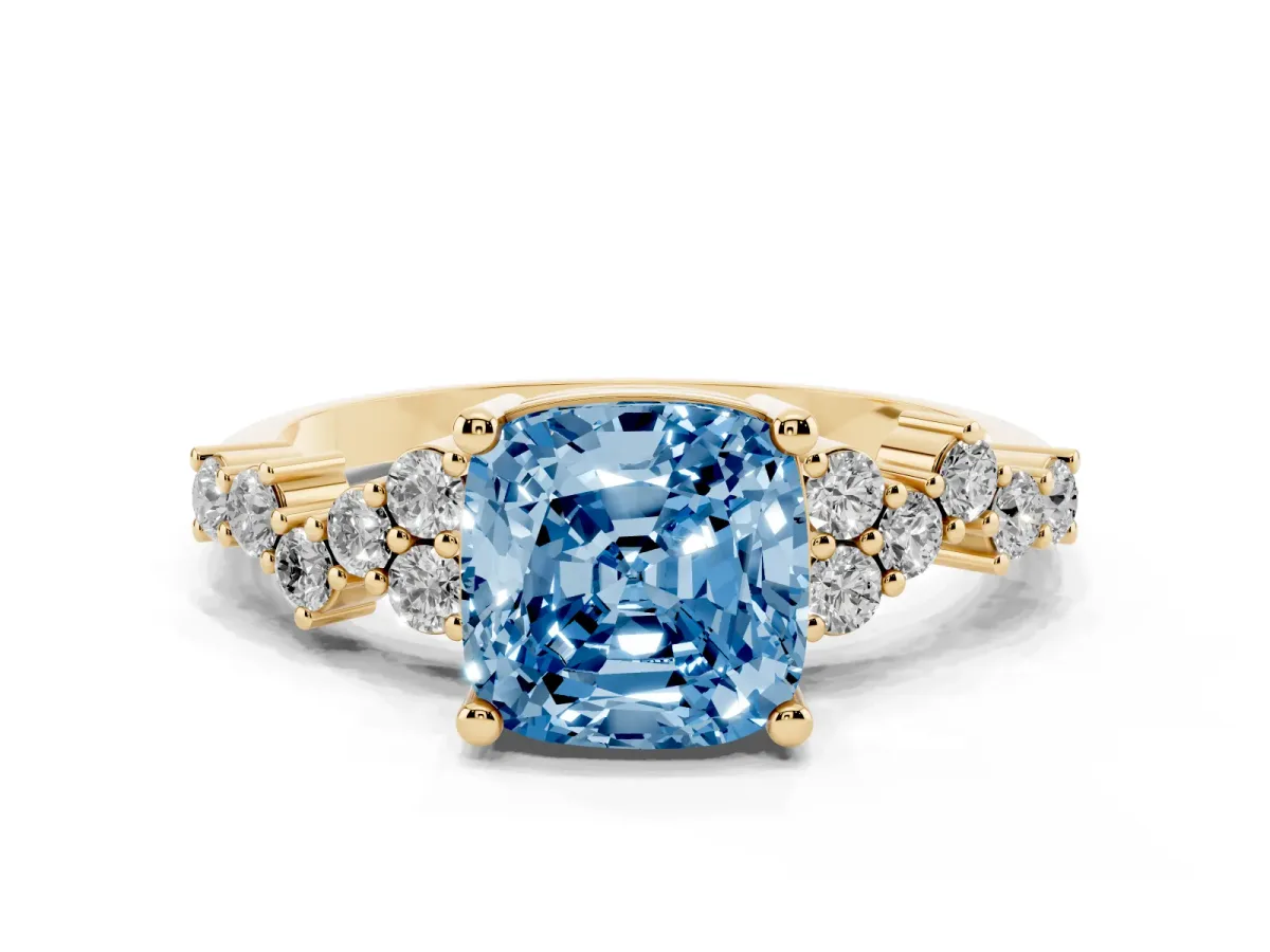 Fancy Blue Cushion Cut Diamond Scattered Round Accent Ring with Prong Setting Yellow gold