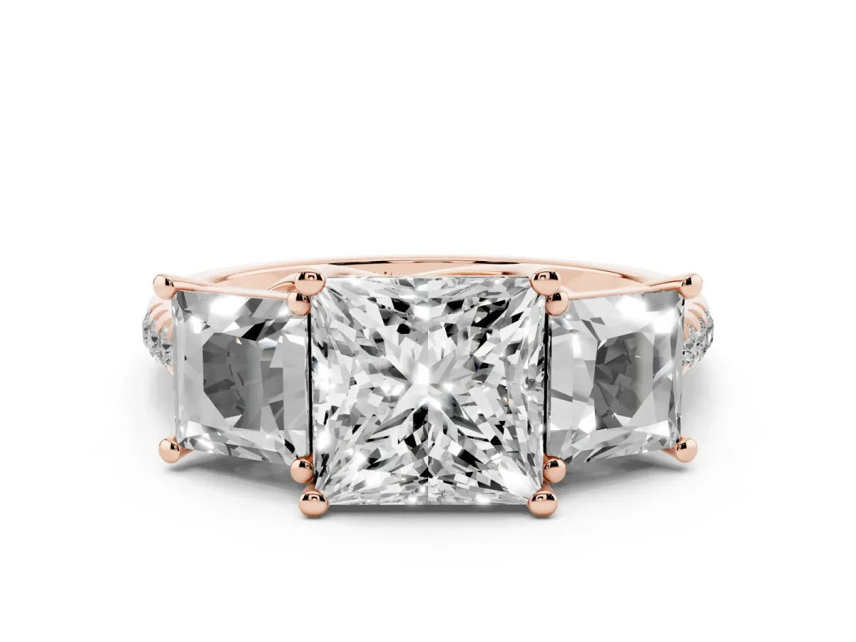 Three-Stone Princess Cut Diamond Ring with Round Pavé Band and Prong Setting Rose gold