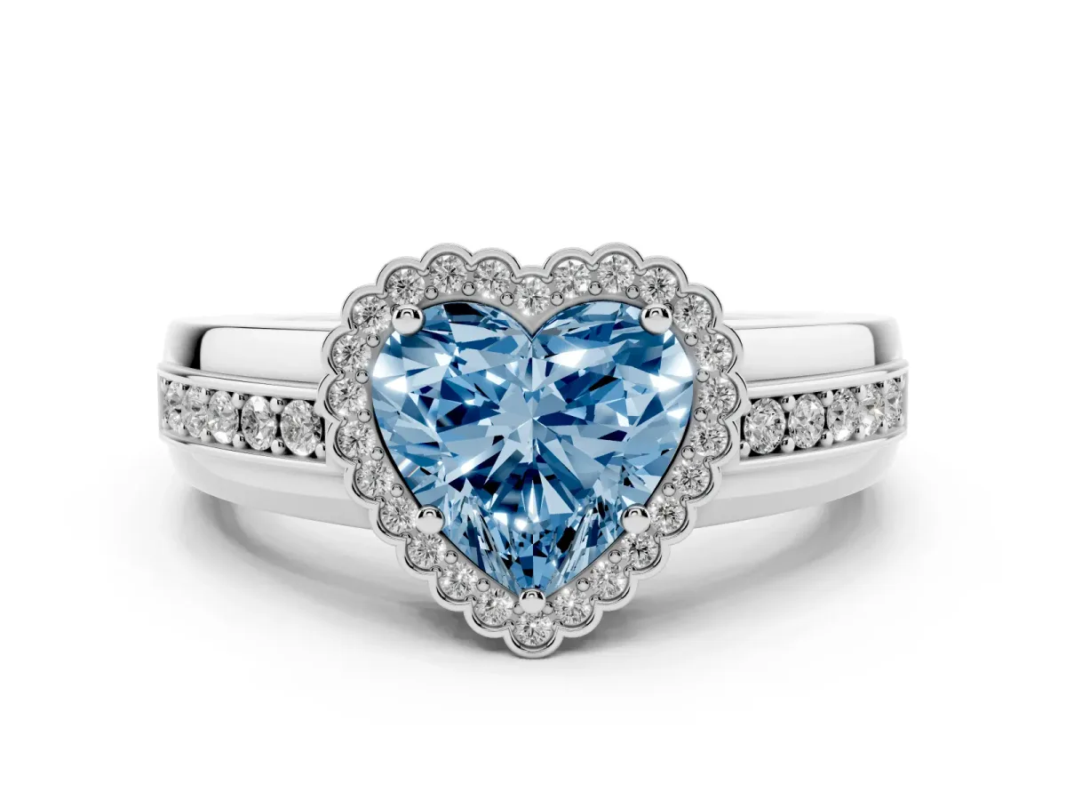 Fancy Blue Heart Cut Cut Halo Pave Band Four-Prong Ring Silver